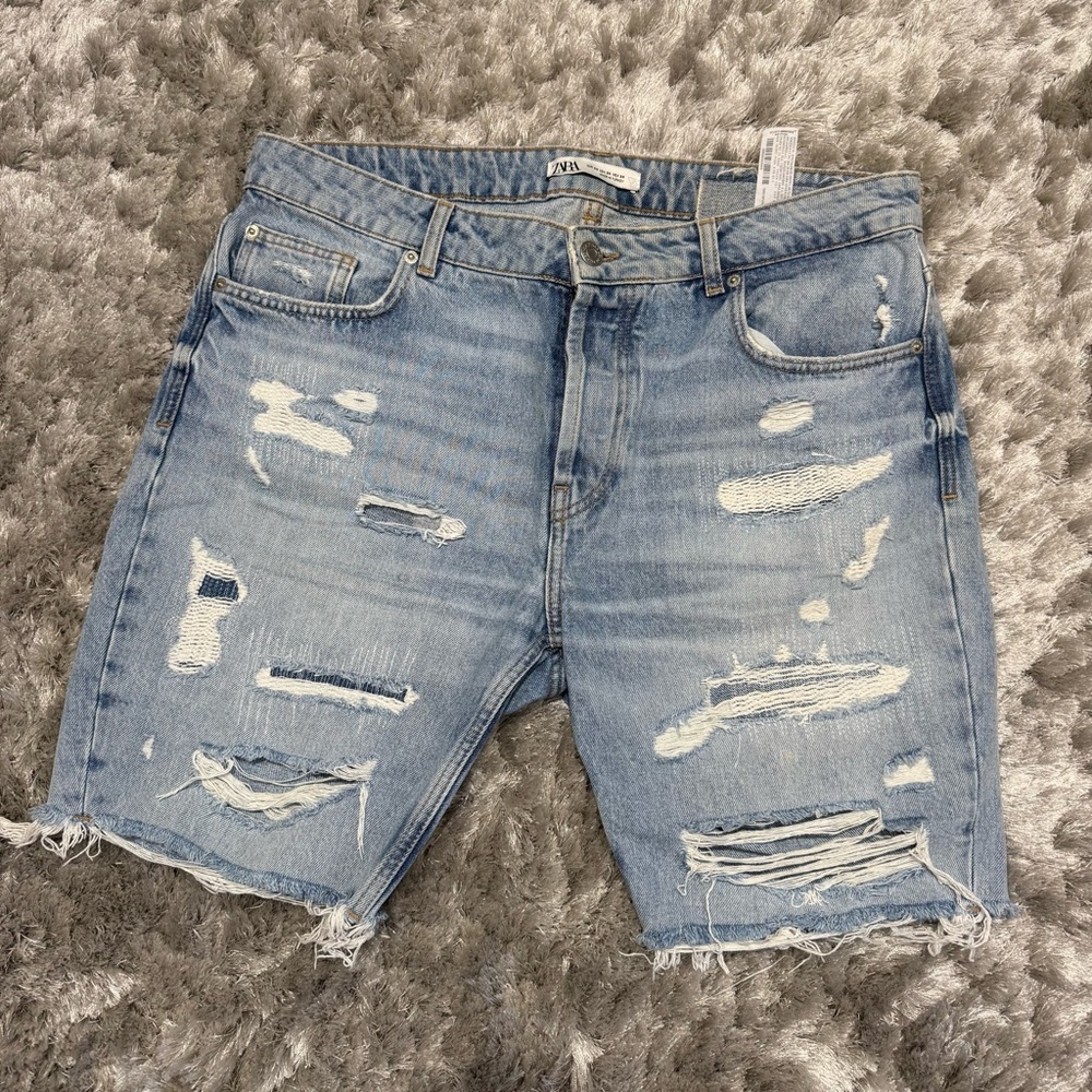 Zara Light Blue Distressed Jean Shorts